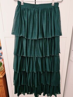 Vada Winter Evergreen Ophelia Tulle Mesh Ruffle Tiered Maxi Skirt XL Romantic